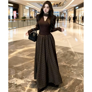波点半身长裙轻奢女装高级感套装裙深v咖色上衣两件套气质名媛风