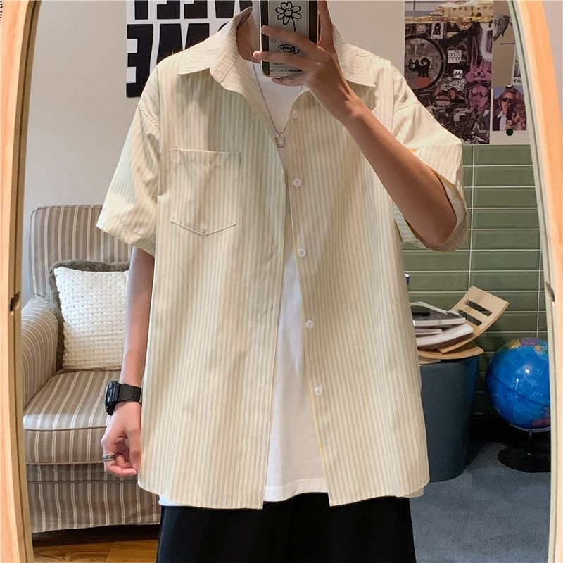 夏季ins港风条纹短袖衬衫男韩版潮流宽松慵懒bf风情侣装休闲衬衣