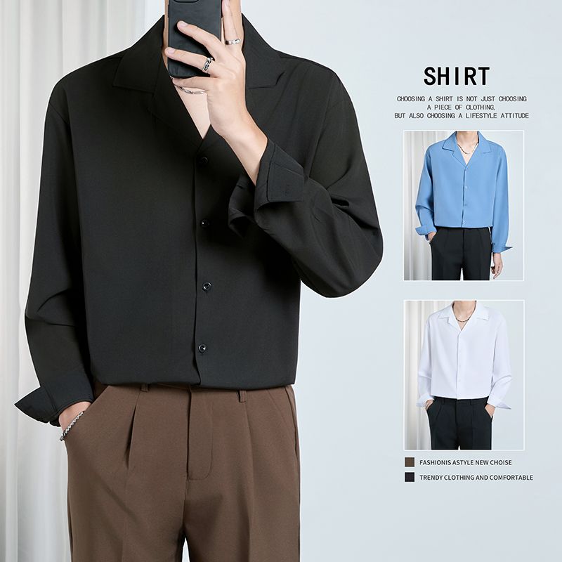 高级古巴领长袖衬衫男士韩版潮流纯色bf风小众翻领垂堕感衬衣外套