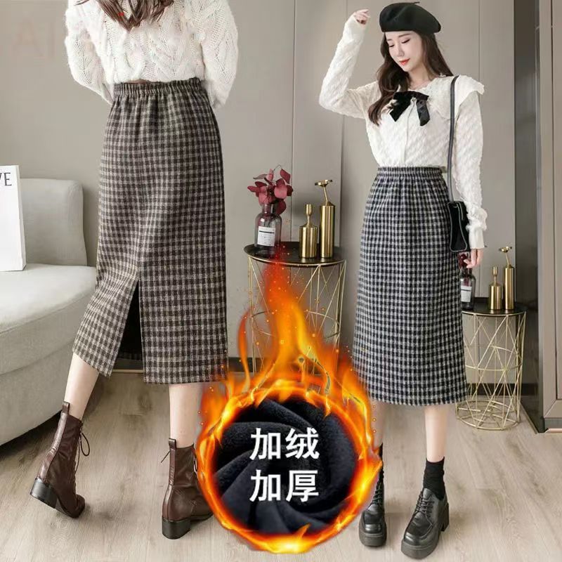 【加绒/不加绒】毛呢千鸟格子半身裙女秋冬过膝中长款开叉包臀裙