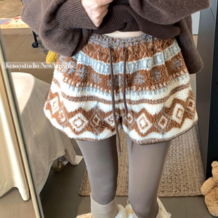 子a字裤 600克原版 保暖直筒裤 女高腰靴裤 面料羊羔毛复古提花短裤