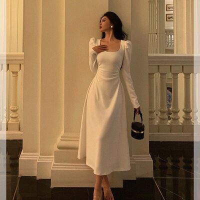 白色长袖连衣裙子女春秋2025夏新款小个子法式高级感初恋收腰长裙