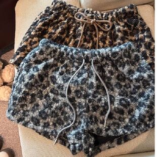 抽绳高腰复古豹纹加厚保暖阔腿短裤 时尚 女 面料秋冬款 600克原版