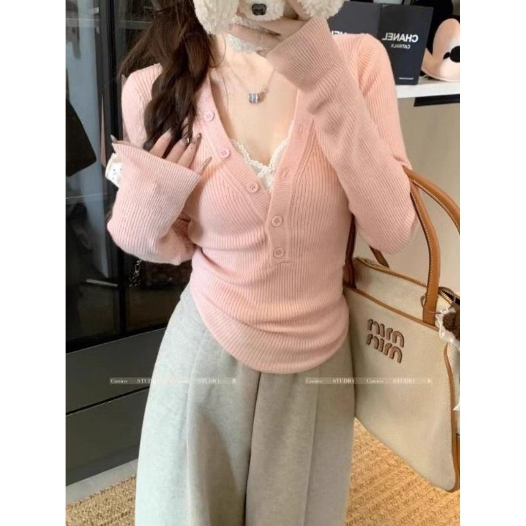 V领长袖针织衫秋冬甜辣内搭修身初冬白色打底修身上衣女装