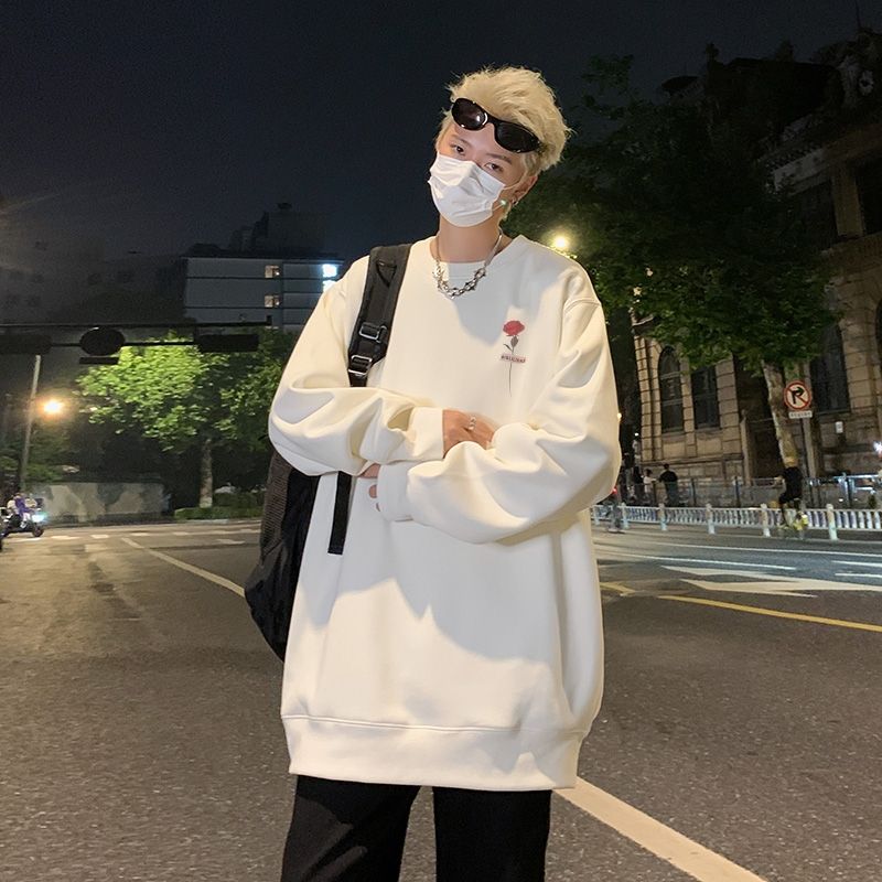 圆领卫衣男士玫瑰花小标卫衣简约休闲无帽卫衣外套男生潮牌