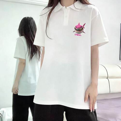 夏天新款白色POLO领短袖T恤女生日系印花宽松显瘦减龄慵懒上衣ins