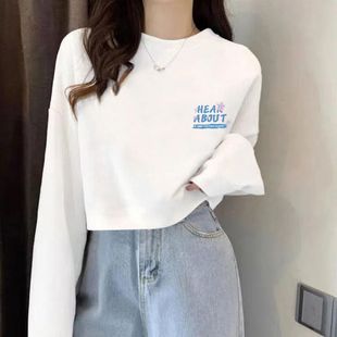 秋季韩版宽松高腰短款长袖上衣女t恤休闲潮ins白色露脐秋衣外穿潮