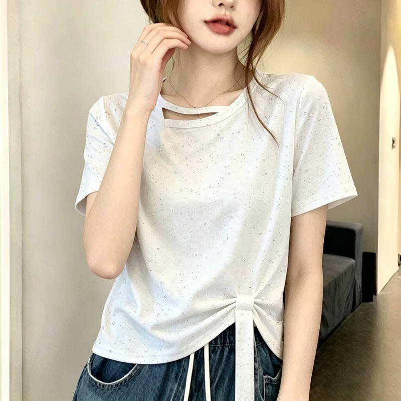 夏天灰色亮片设计修身短袖t恤女生2026新款设计感小众ins潮流上衣图片