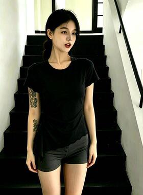 美式休闲复古灰色短袖t恤女生夏日新款修身百搭ins木耳边设计上衣