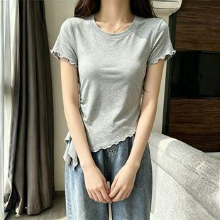 纯色ins夏天新款短袖T恤女生韩系穿搭木耳边网红设计感百搭上衣潮