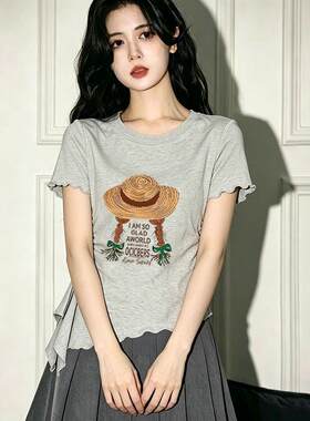 潮性感木耳边印花草帽辫子短袖T恤女款夏款修身显瘦时尚辣妹上衣