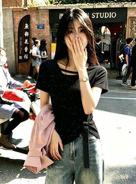 2026夏日新款灰色亮片设计显瘦短袖T恤少女感潮流修身女生上衣服