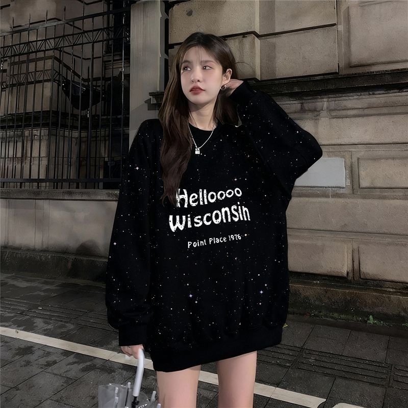 时尚复古圆领黑色卫衣女生潮流秋冬季新款韩版加绒宽松学生亮片