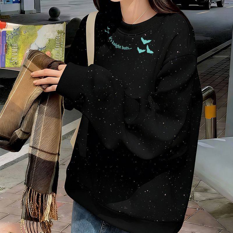 黑色秋冬新款亮片圆领加绒卫衣女小众宽松原宿风时尚简约闺蜜上衣