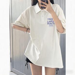 夏天印花白色POLO领短袖体恤女款小众韩版风薄款女装宽松显瘦上衣