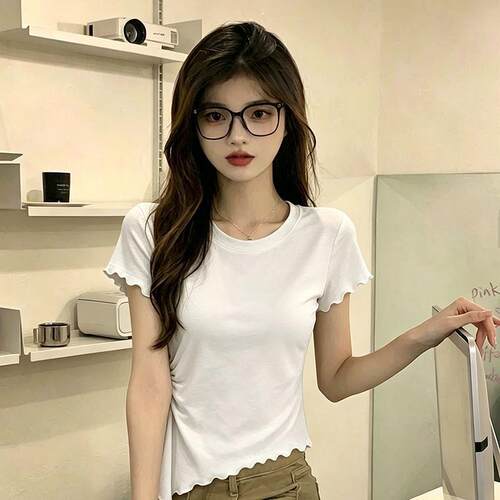 纯色修身短袖t恤女生2026夏天新款简约独特设计木耳边百搭上衣服