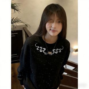 氛围小众满天星亮片卫衣长袖印花圆领女款秋冬款宽松显瘦印花上衣