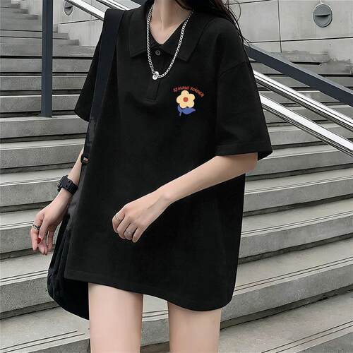 夏天新款纯棉外穿薄款设计感印花polo白色短袖T恤女宽松显瘦上衣