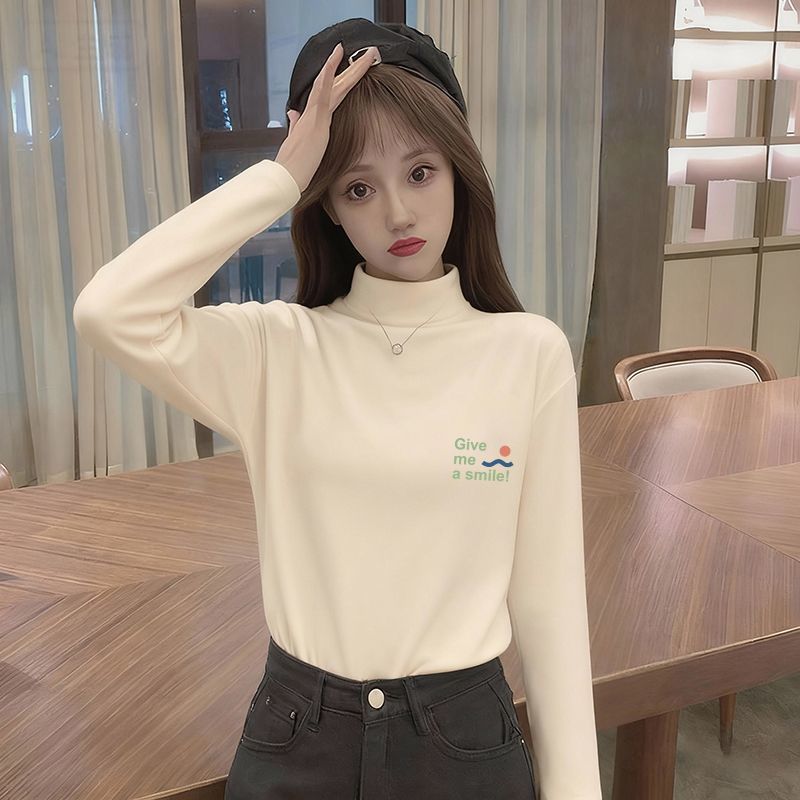 修身杏色长袖t恤女秋冬季2025新款双面德绒百搭闺蜜印花上衣ins潮