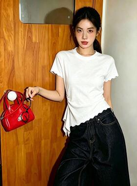 2026高级感灰色短袖T恤女生夏日新款休闲潮流木耳边时尚修身上衣