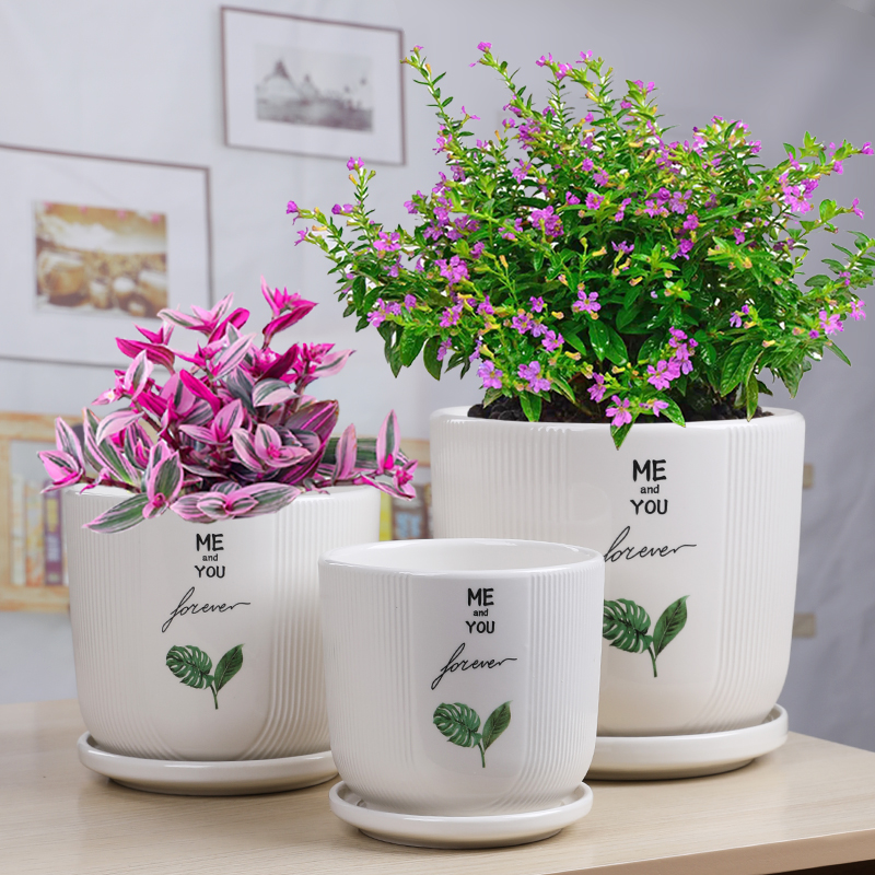 欧式简约陶瓷花盆大号特价带托盘创意家用绿萝吊兰蝴蝶兰盆栽清仓