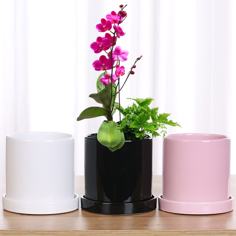 陶瓷花盆直筒圆柱形 北欧ins特价清仓多肉绿植鲜花绿萝盆栽带托盘
