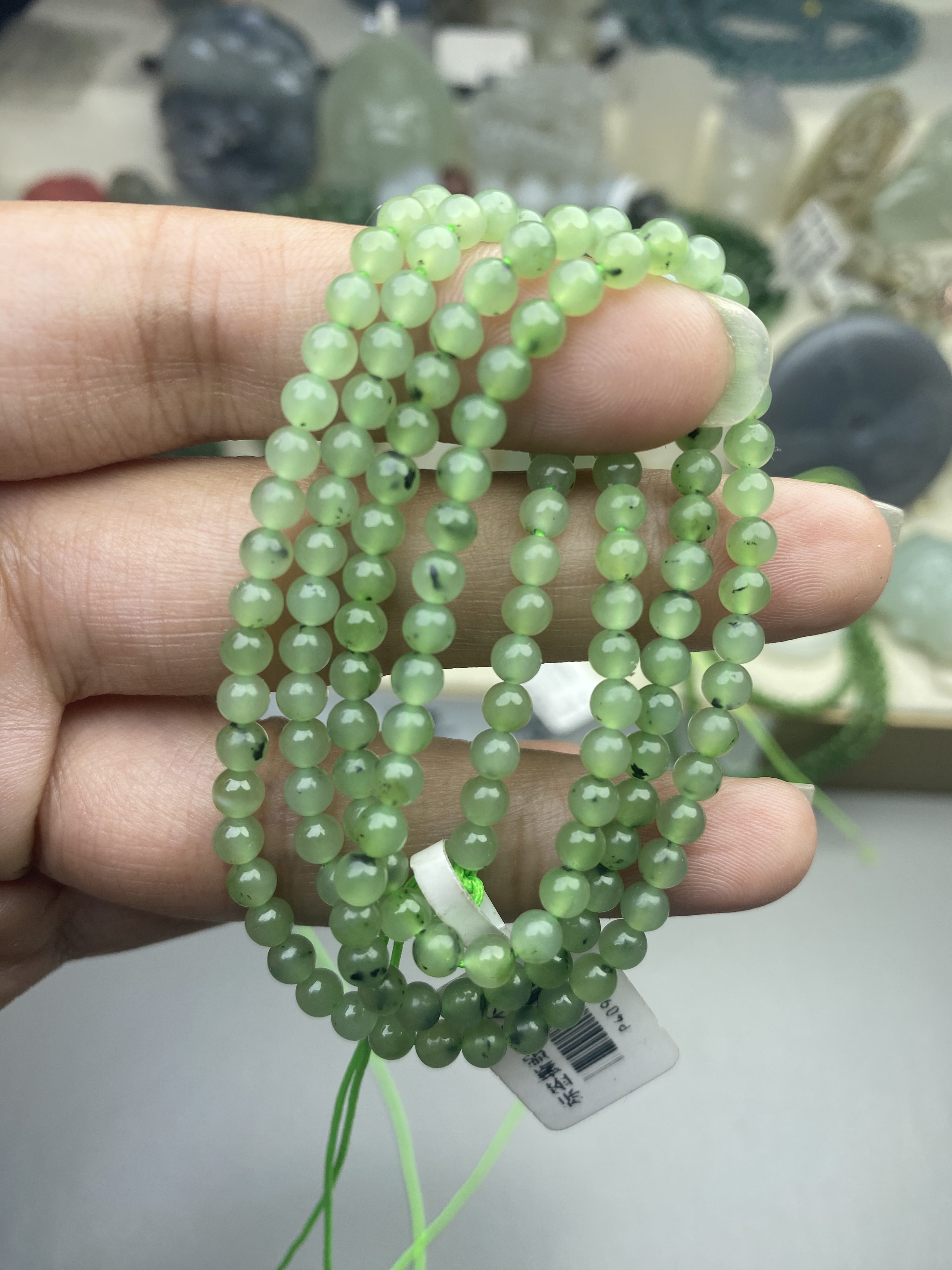 碧玉珠链天然和田玉碧玉果绿色链子多圈4mm珠串