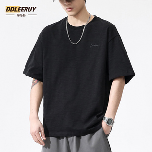 230g重磅纯棉短袖T恤男士宽松潮牌字母刺绣上衣夏季圆领半袖体恤
