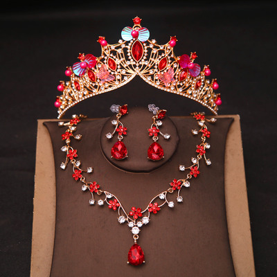 新娘红色皇冠三件套装结婚头饰
