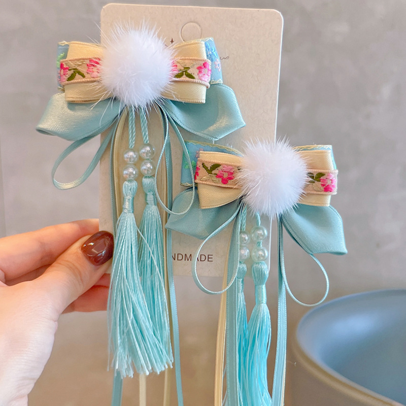 工厂店秋冬中国风重工蝴蝶结女童飘带对夹刺绣古风流苏儿童发饰品