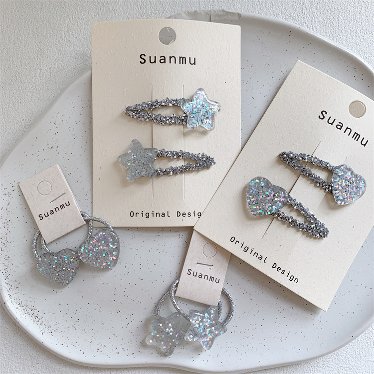 儿童亮片爱心五角星发夹发圈侧边刘海碎发BB夹女童扎头发皮筋头绳