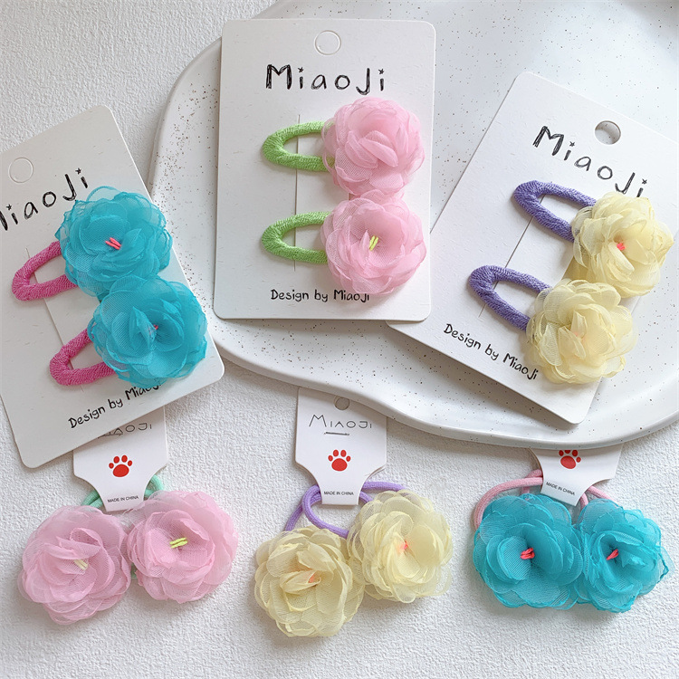甜美儿童网纱花朵发夹发圈女童侧边刘海夹碎发BB夹扎头发皮筋头绳