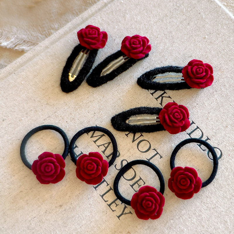 简约新款酒红色玫瑰花儿童发圈发绳女童发饰BB夹头绳花朵皮筋