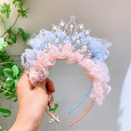 儿童网纱珍珠皇冠发箍可爱女童甜美公主头纱发卡宝宝生日头箍发饰