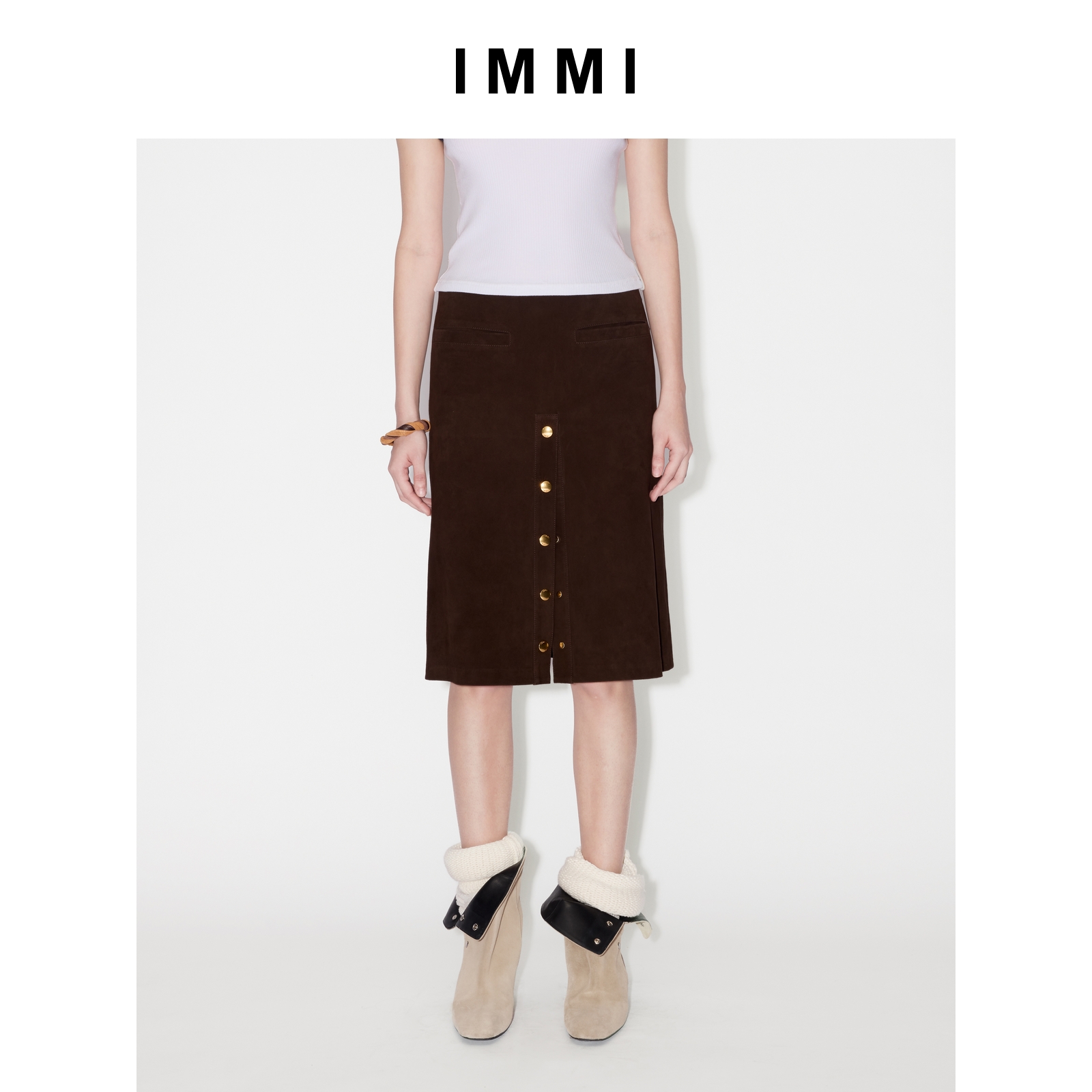 【IMMI】25早秋新品弹力羊皮前开衩中长款半裙MWEFWLSK0276X