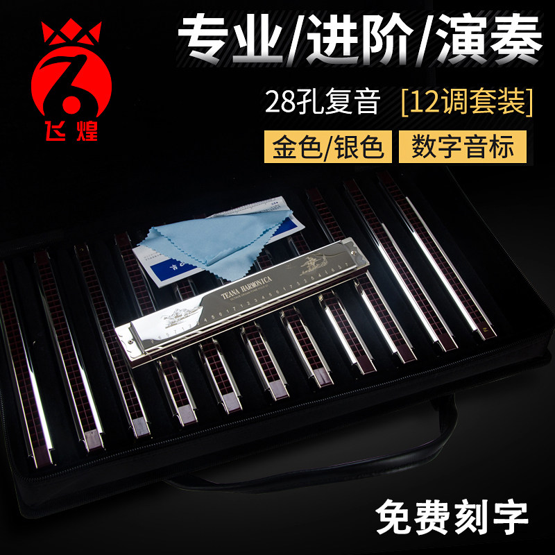 德国进口音簧飞煌28孔复音C调口琴高级成人专业演奏级7调12调套装