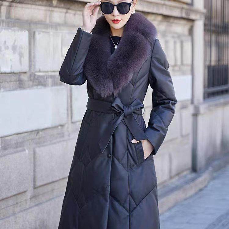 2025新款真皮头层绵羊皮狐狸毛领中长款腰带收腰显瘦真皮羽绒服