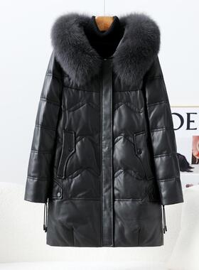 真皮羽绒服女外套2025新款狐狸毛领连帽妈妈装黑色皮衣绵羊皮加厚