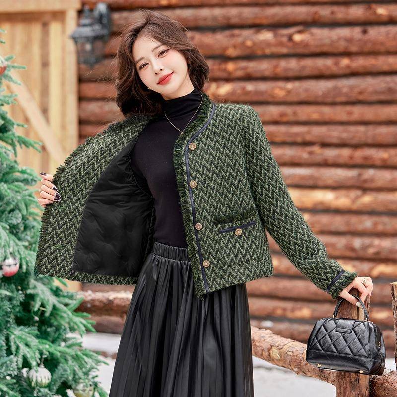 女式毛外套J秋冬装新款小香风衣气呢质流YJ1381-1苏单排扣羽绒外