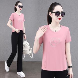 纯棉t恤女89938304士夏装袖2尚025新款时刺体绣字母上短衣服年轻