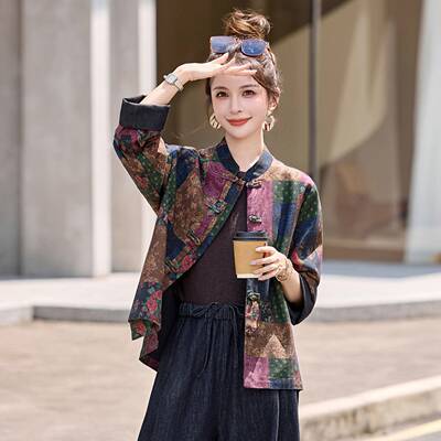 2025衫新款文艺复古印花宽松立领扣国风时5尚ZQ25238-外套开盘上