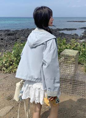 格秋纹拼接复古蓝色B171-XW7帽连外套女春2025新浅款巨好看小个子