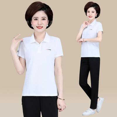 闲夏季新款老年9194555运动休套装女士短袖长中翻领裤%锦纶%氨纶