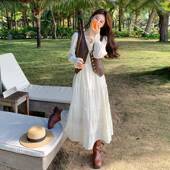 色仙超牛仔马甲套装 255件 两c159 白长裙温女春新款 显瘦气质柔法式