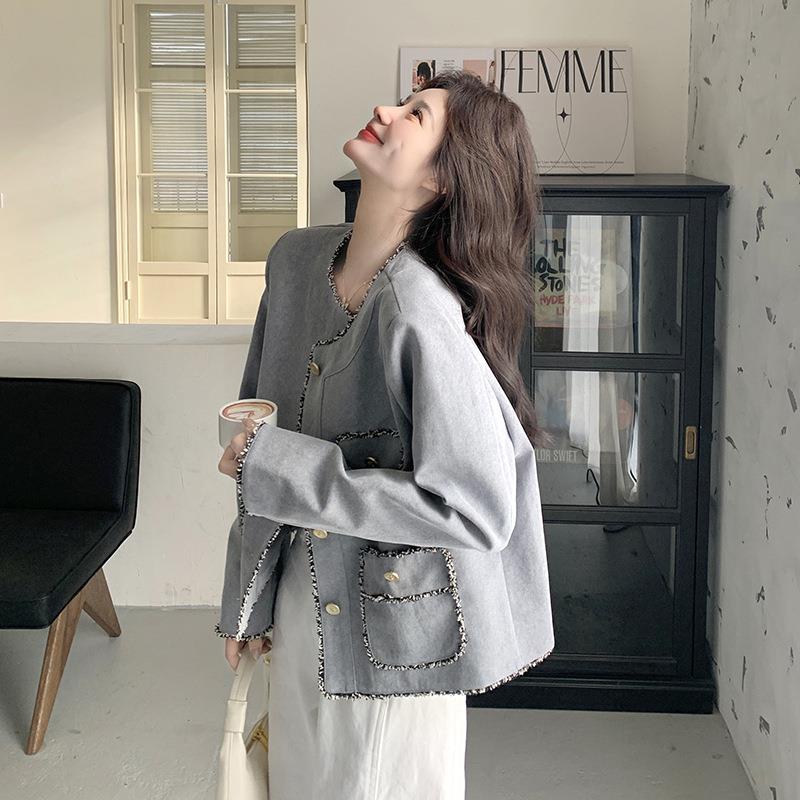 蓝灰色复古春花C189-W81边小香风外套女名秋202新款气质5媛高级感