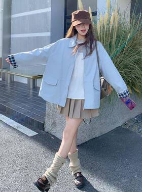 浅蓝色外套女季202小5新款韩系气B171-XW7秋质院风个子格纹拼学接