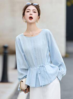 202L25795秋季新款装圆领时女尚宽松腰女式衬衫长收袖衣上小衫L25
