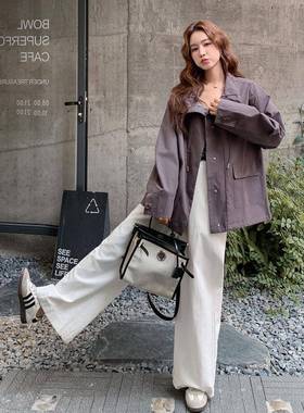 灰色风衣外套女小个子2古2B100-8675秋新款韩0版宽松减复龄英伦风