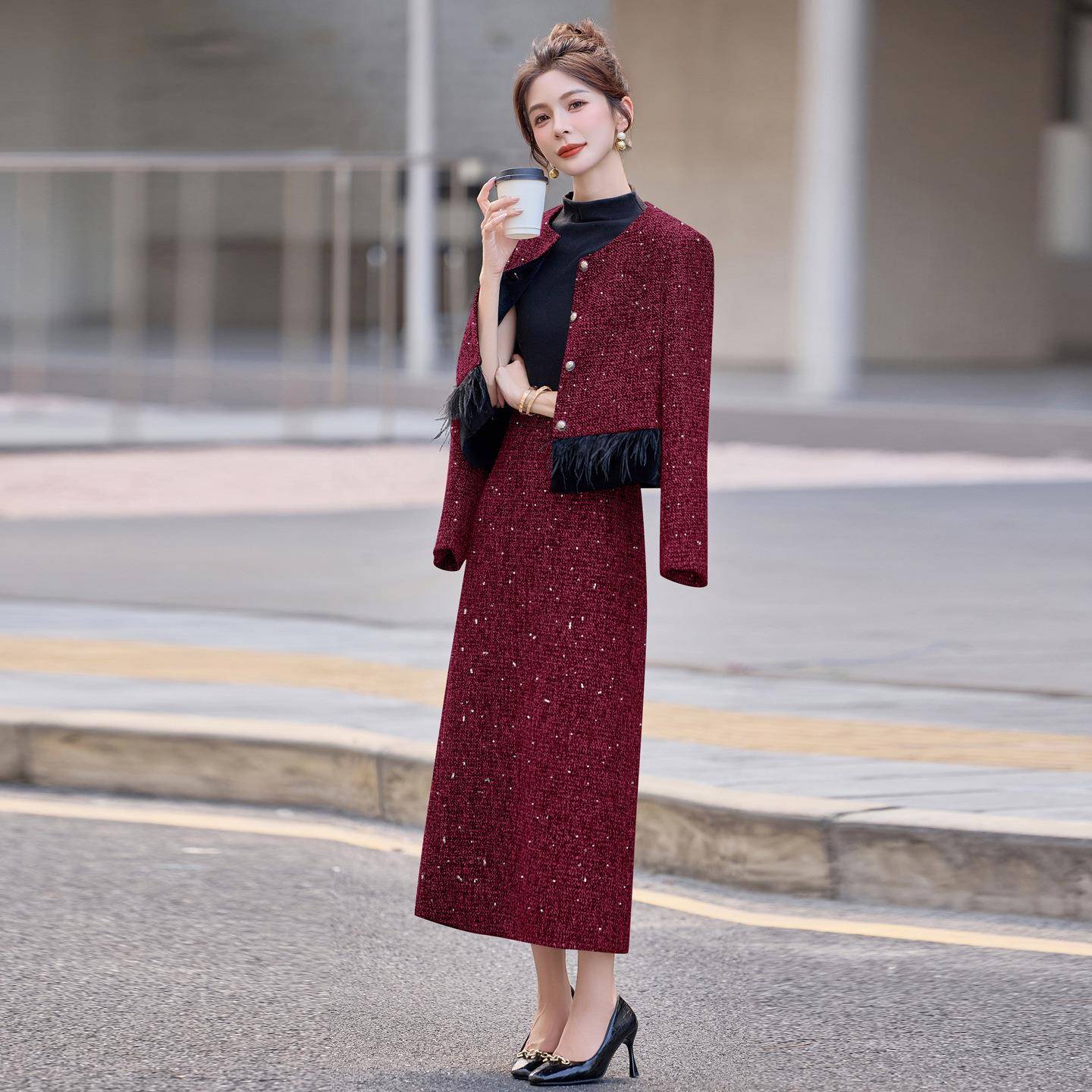 时尚套装外225秋季优雅气质拼接流苏计0感F套半裙SF8221-0两件套