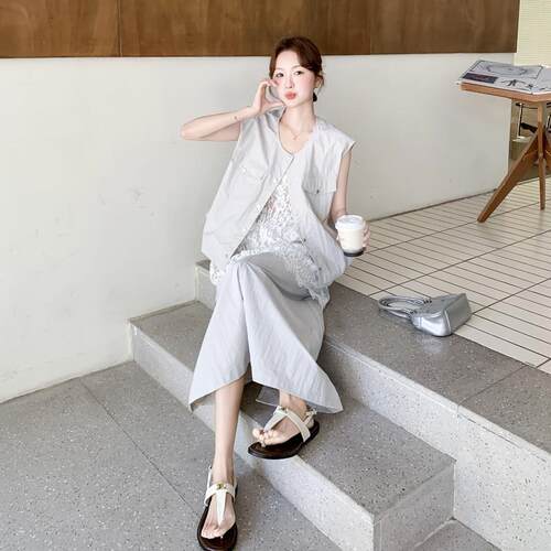 浅灰C251-682韩系松弛色风套装女件夏季新款工装马甲蕾衫丝半身裙